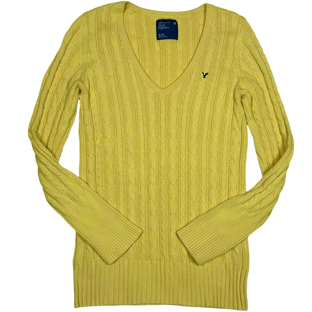 American Eagle Women’s V-neck Cableknit Sweater Yellow Y2K Preppy Jumper…